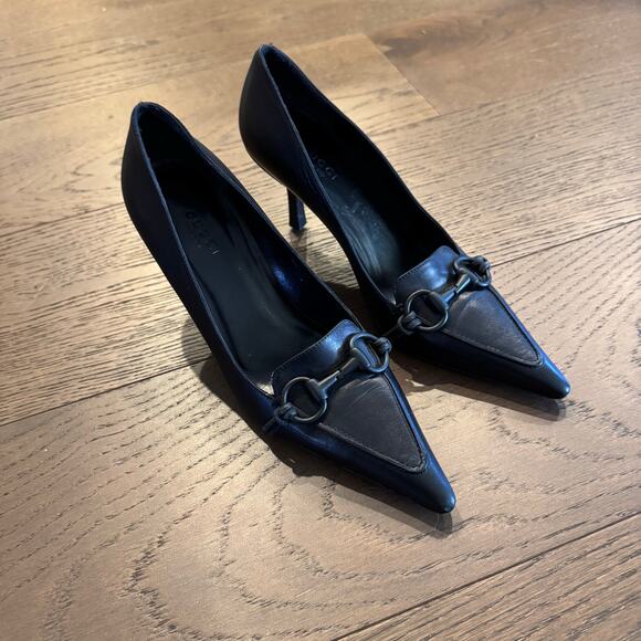 Gucci Black Leather Pumps Horsebit Pointed Toe Size 36C - Picture 1 of 14